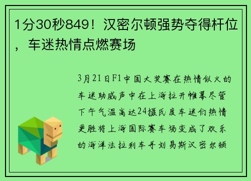 1分30秒849！汉密尔顿强势夺得杆位，车迷热情点燃赛场