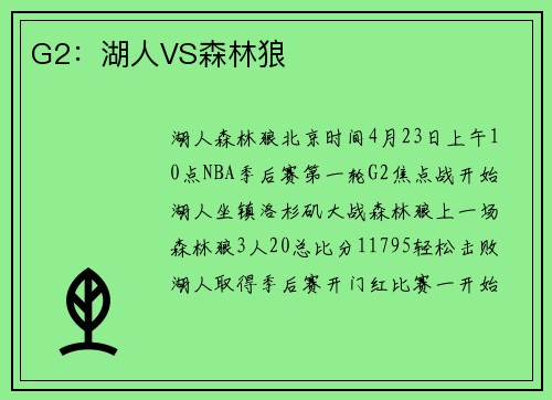 G2：湖人VS森林狼