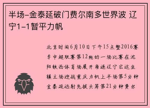 半场-金泰延破门费尔南多世界波 辽宁1-1暂平力帆